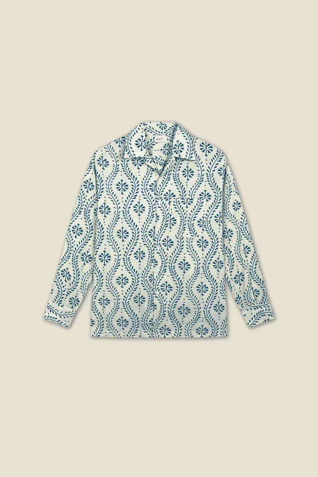 Dahlia Harry camicia fiori blu collo anni 70