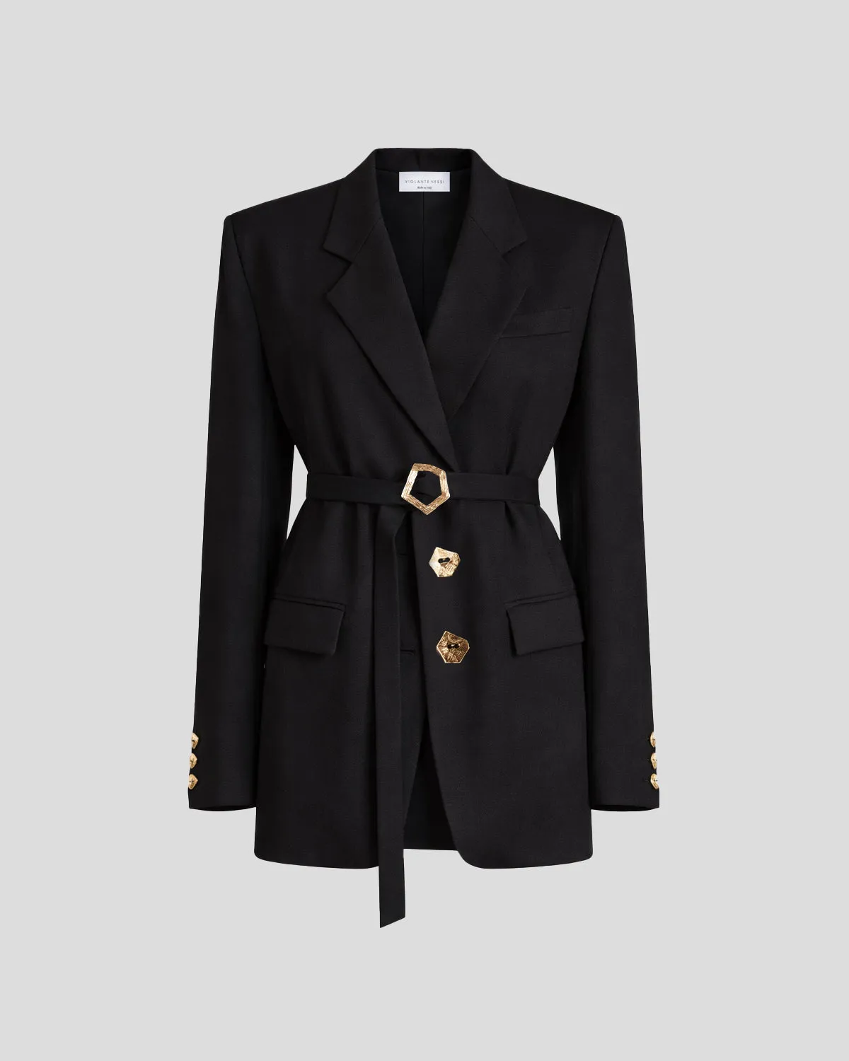 Violante Nessi George blazer nero crepe lana cintura oro