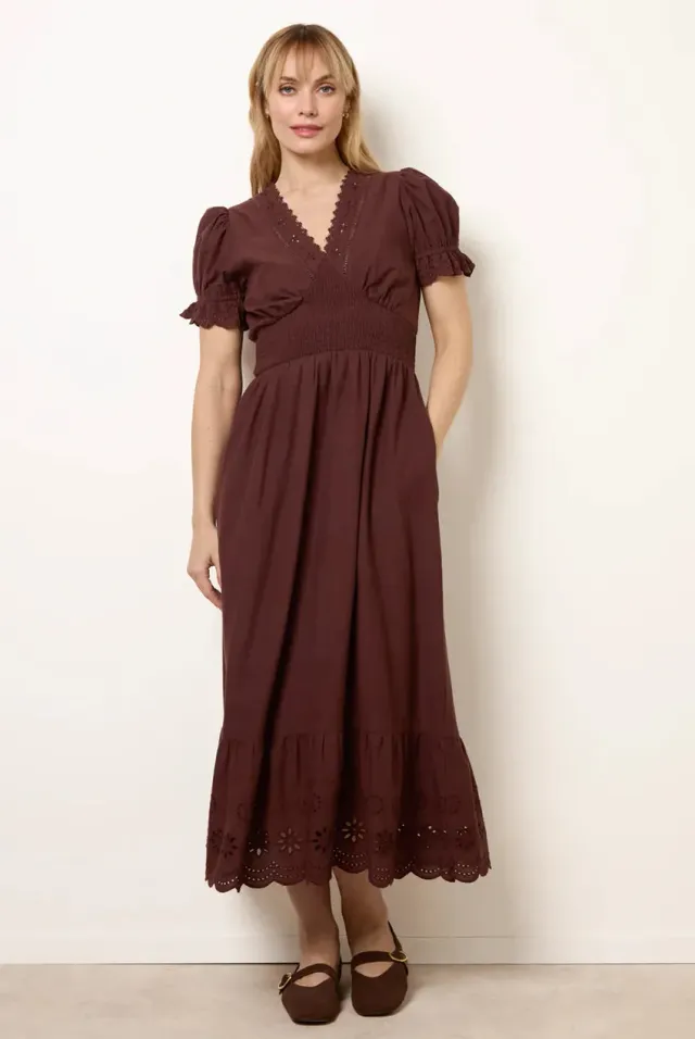Blue Vanilla Embroidery Detail Abito Maxi Cioccolato cotone