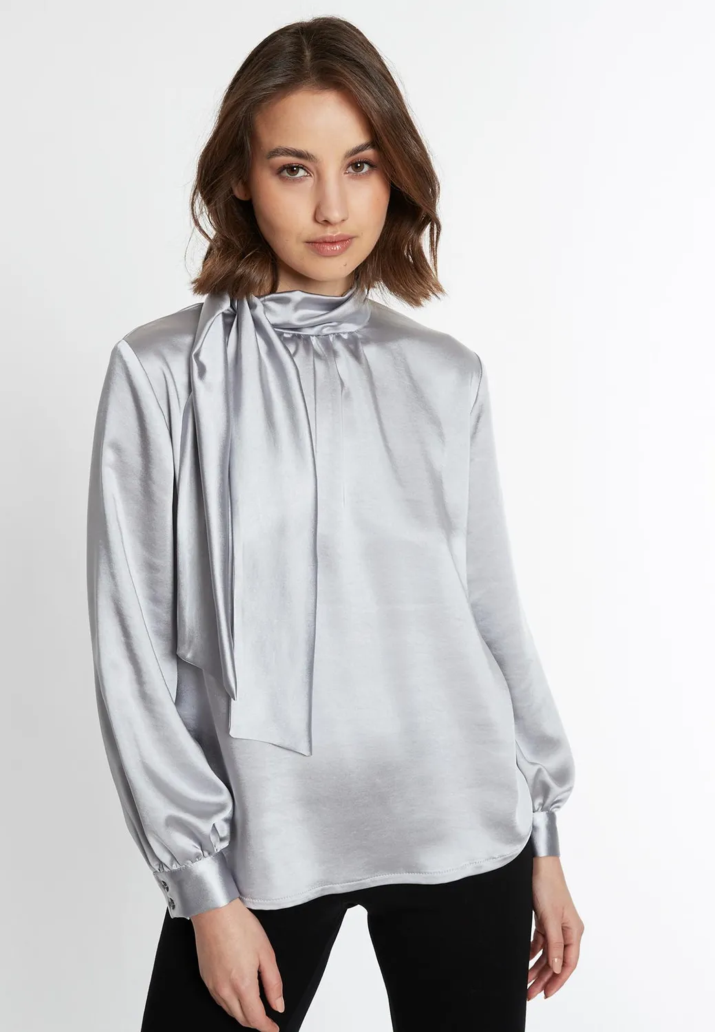 Ana Alcazar Sibora blusa satin grigio argento fiocco