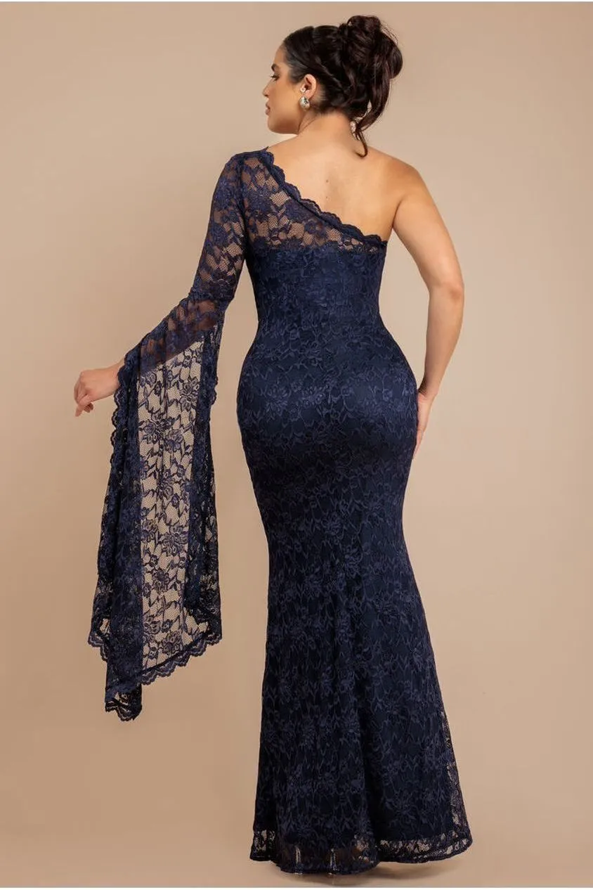 Goddiva One Shoulder Scalloped abito maxi blu scollatura