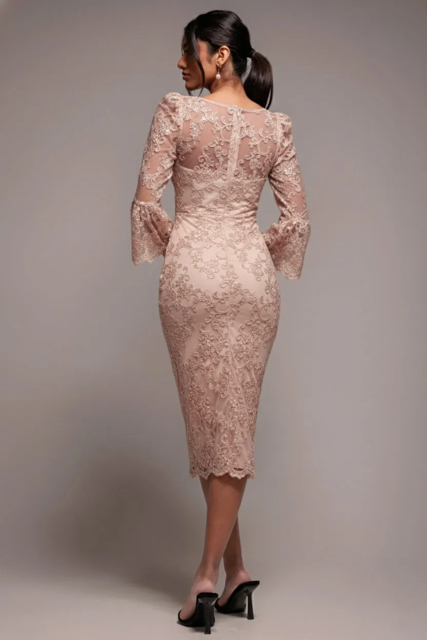 Goddiva Sequin Scallop Lace abito champagne midi