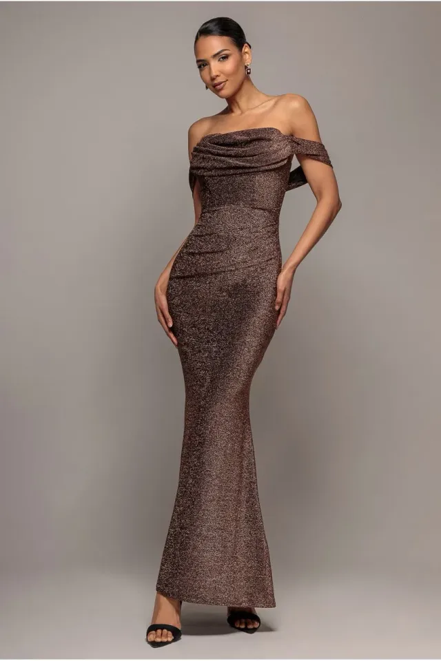 Goddiva Lurex Cowl vestito lungo bronzo spalle scoperte