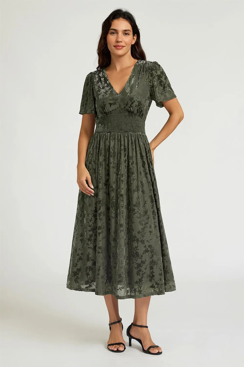 FS Collection abito midi velluto devoré verde salvia
