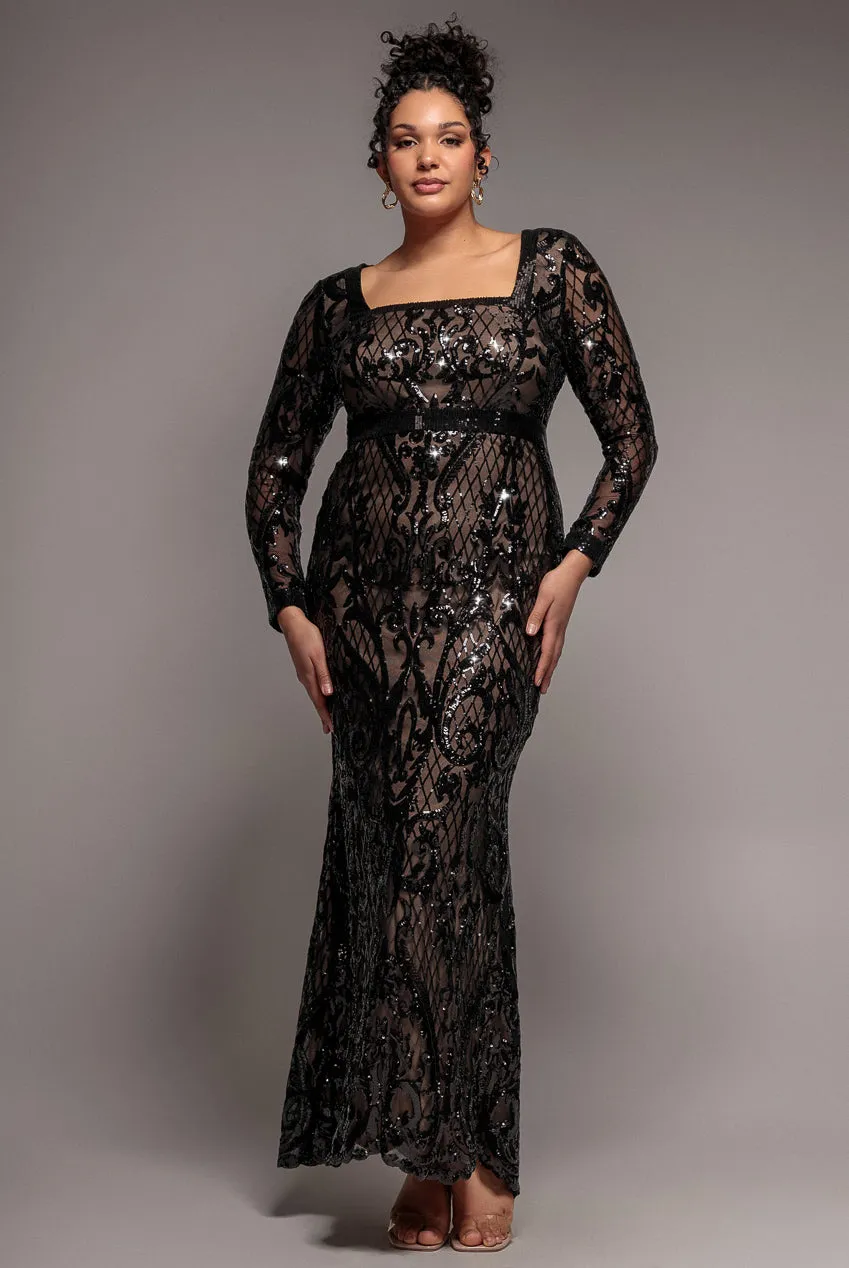Goddiva Plus DR4038 abito maxi nero paillettes