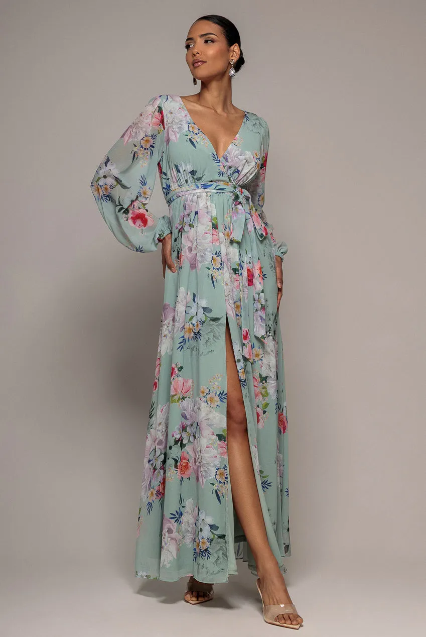 Goddiva Wrap Front abito lungo verde salvia floreale