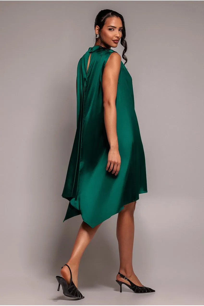 Goddiva abito midi verde smeraldo raso scollo drappeggiato