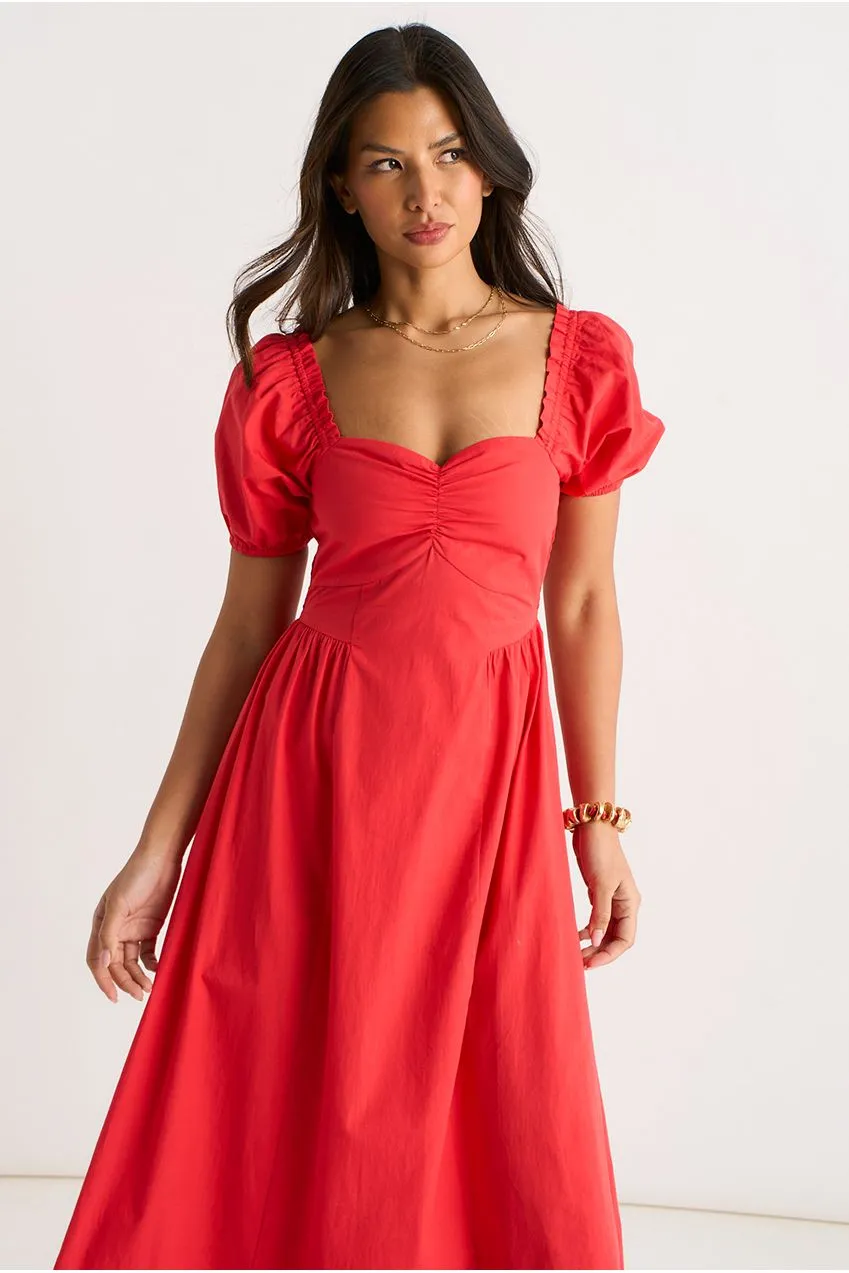 Gini London Gypsy abito midaxi rosso maniche sbuffo