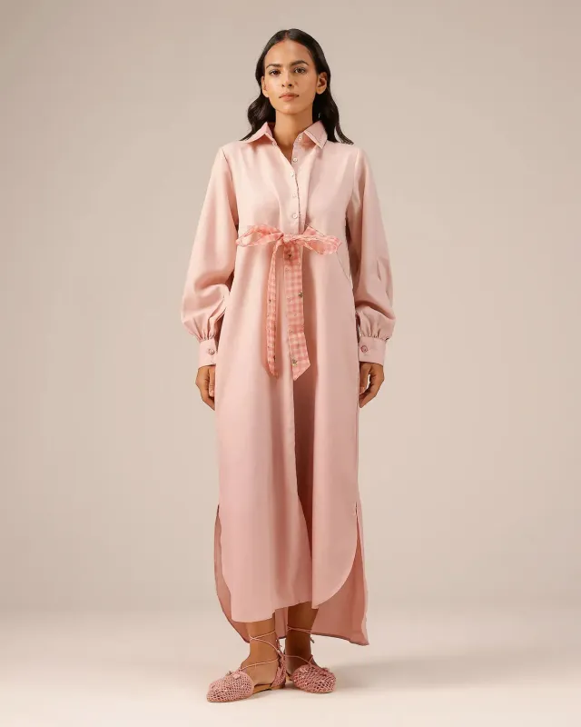 Our Dve Hibiscus abito midi rosa camicia lino cintura