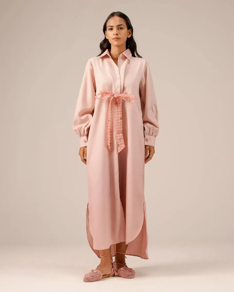 Our Dve Hibiscus abito midi rosa camicia lino cintura
