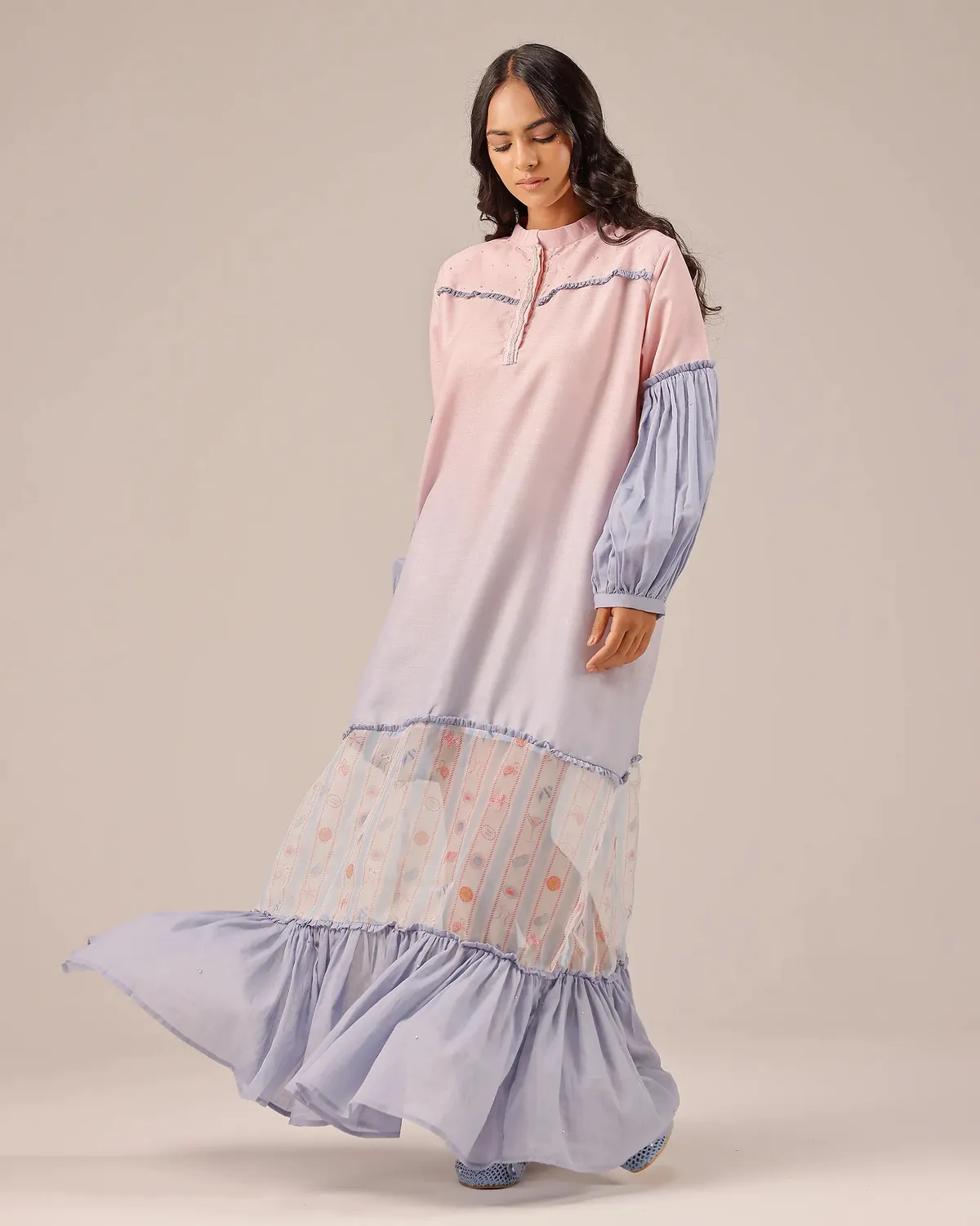 Our Dve Palm Whisper tunica lino rosa-blu collo mandarino