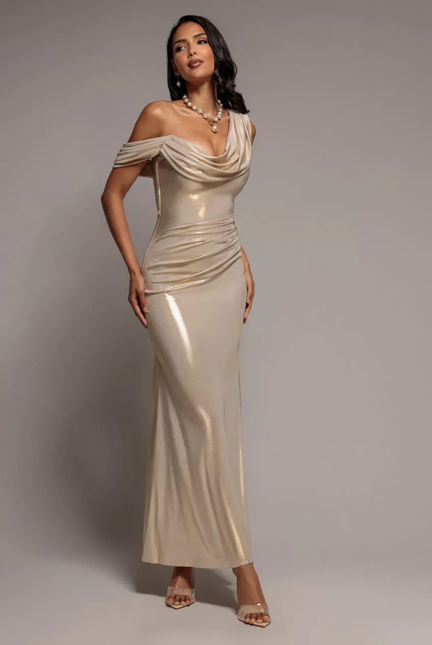 Goddiva Cowl Neck One Shoulder abito maxi oro foil