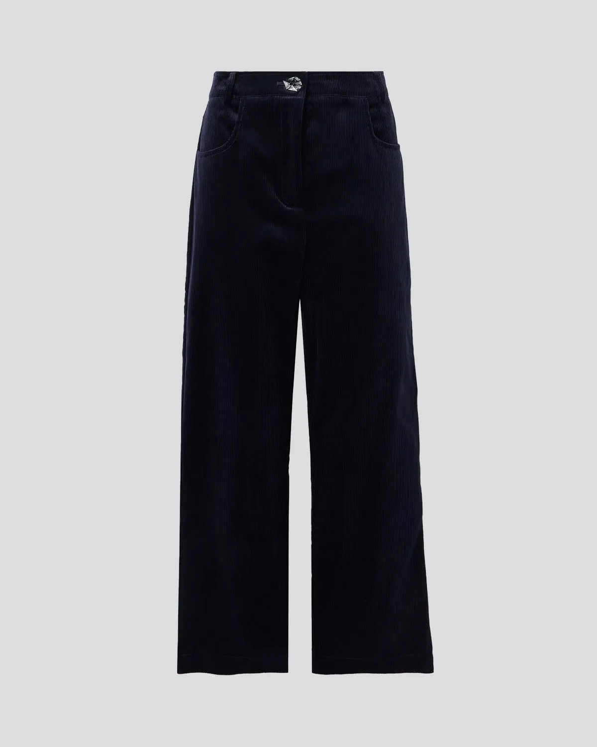 Violante Nessi Rufino pantaloni blu velluto gamba larga