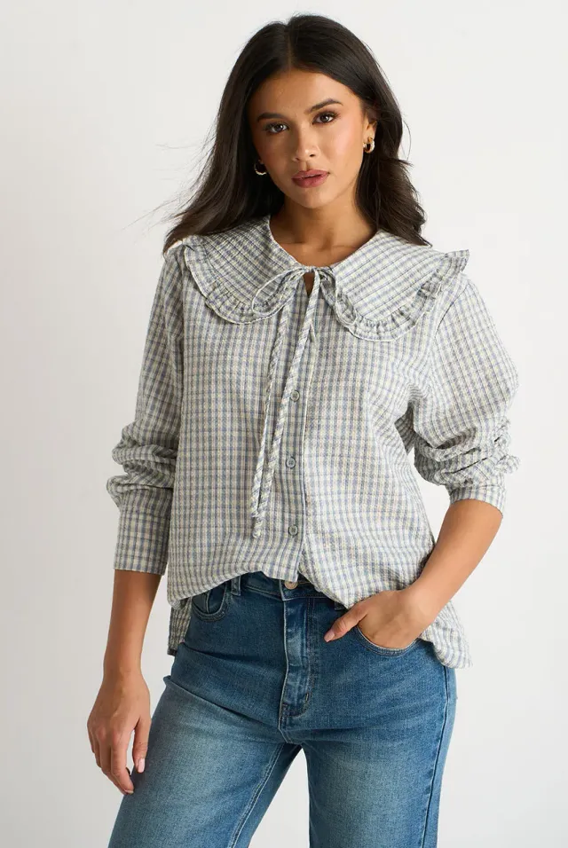 Gini London Blue Gingham camicia blu a quadri collo Peter Pan