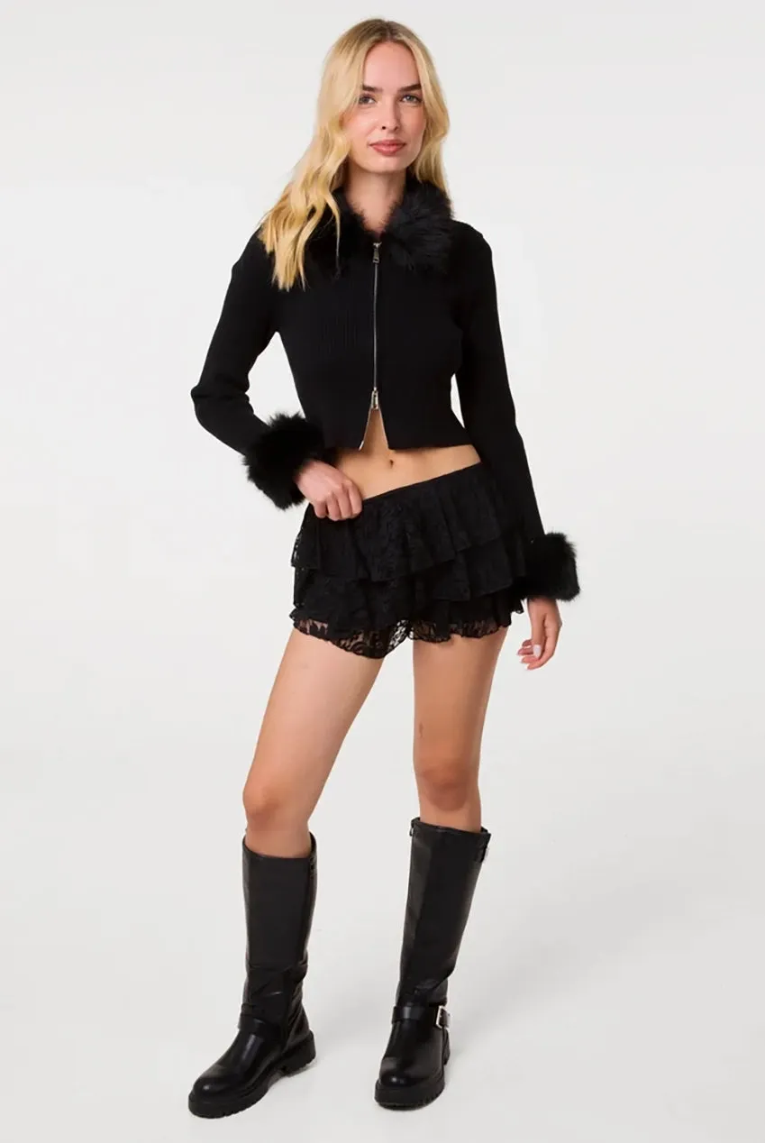 Goddiva Pink Vanilla cardigan nero zip pelliccia