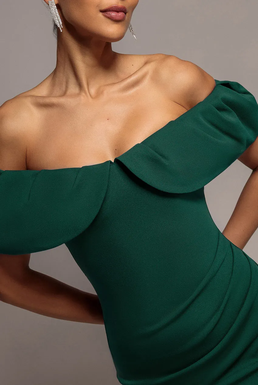 Goddiva Scuba Crepe Pleated Bardot abito verde smeraldo
