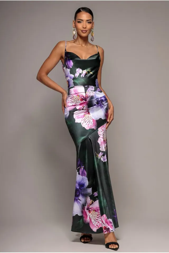 Goddiva abito maxi satin verde smeraldo floreale scollo