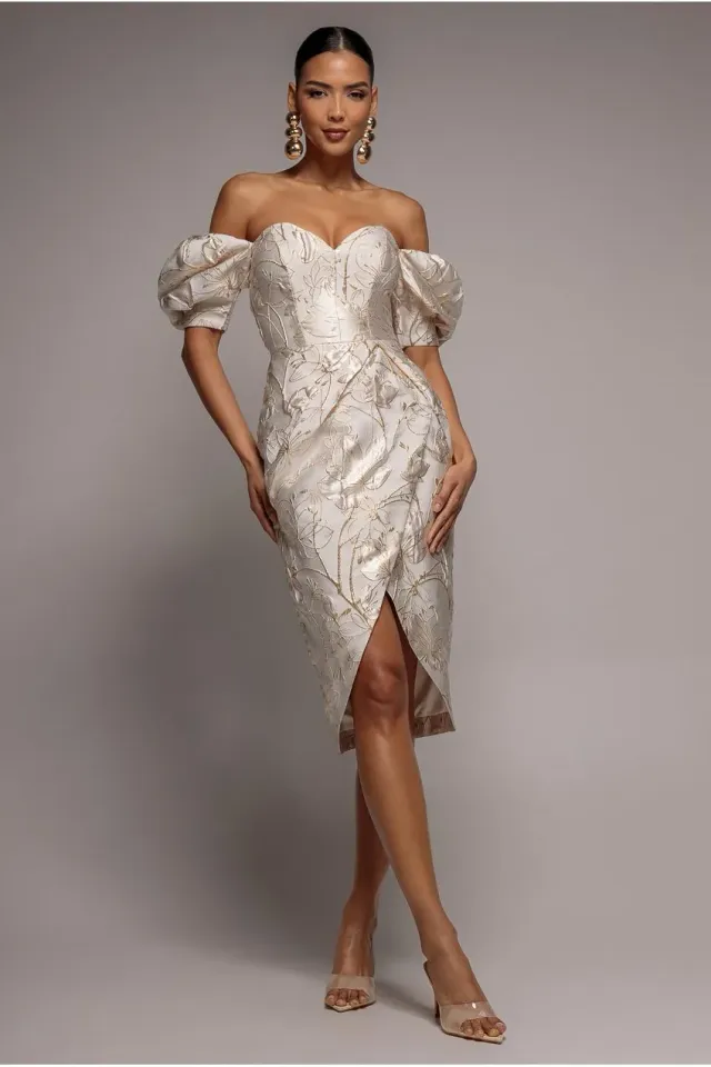 Goddiva Puff Sleeve Sweetheart DR4758 abito midi crema jacquard