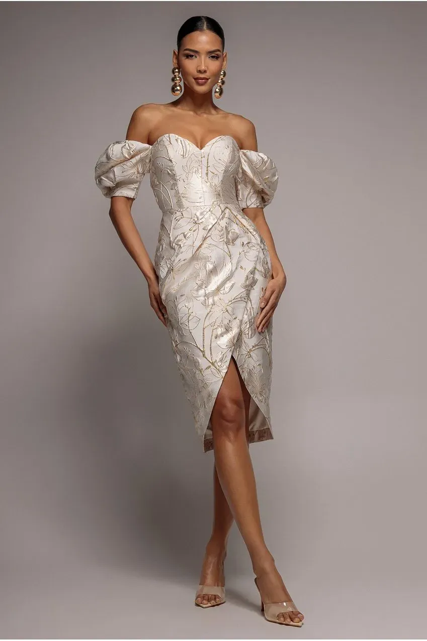 Goddiva Puff Sleeve Sweetheart DR4758 abito midi crema jacquard