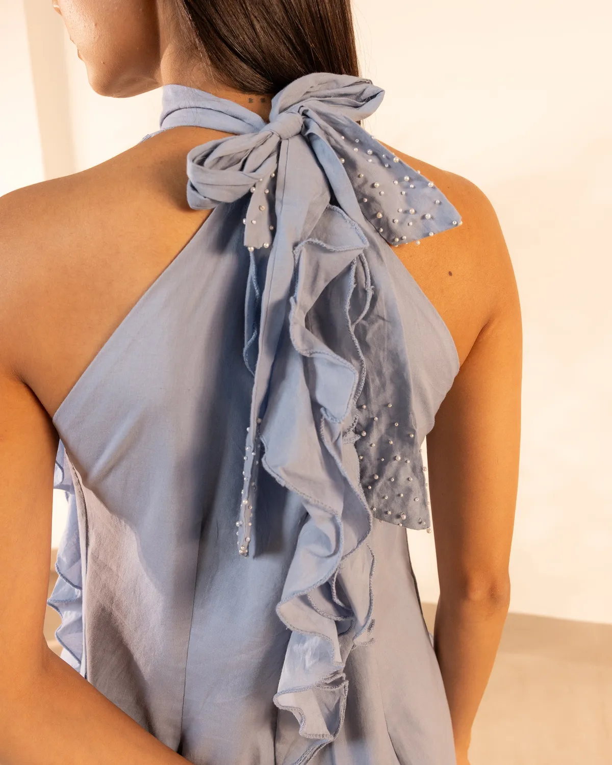 Our Dve Tangerine Sunny Side vestito azzurro balze cotone
