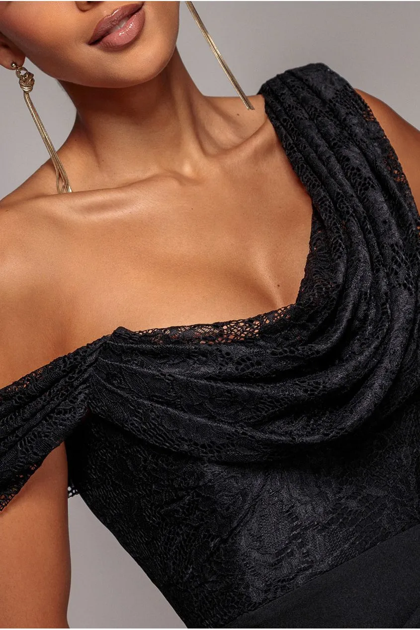 Goddiva Lace Cowl One Shoulder abito maxi nero