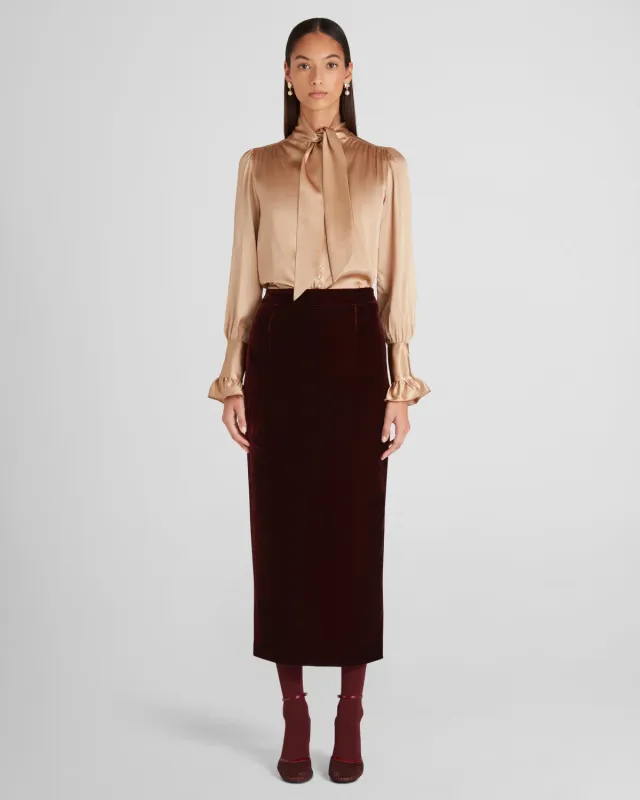 Violante Nessi Shea gonna velluto di seta bordeaux