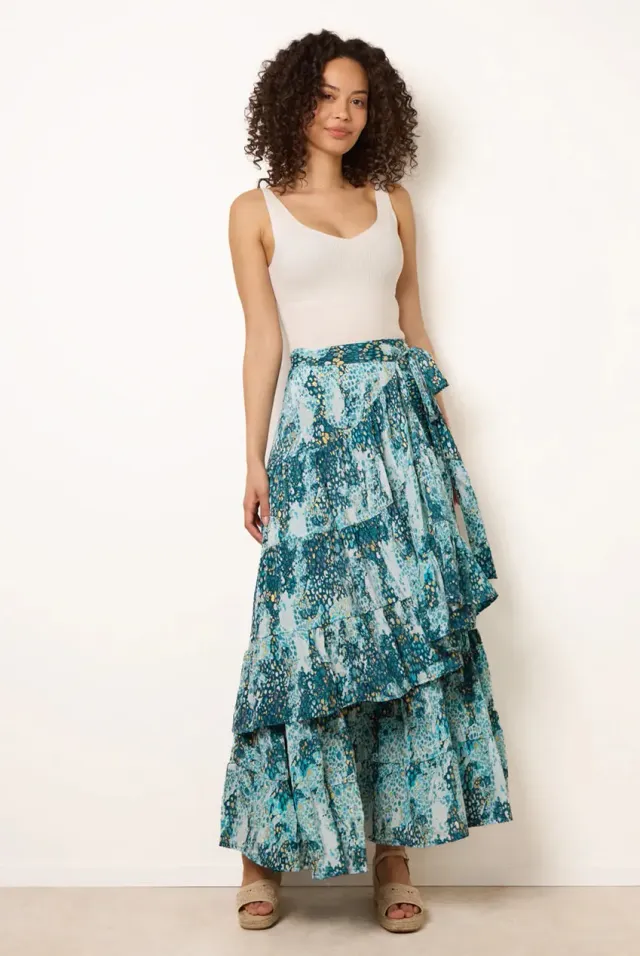 Blue Vanilla Wrap gonna midi blu metallizzata leopardo