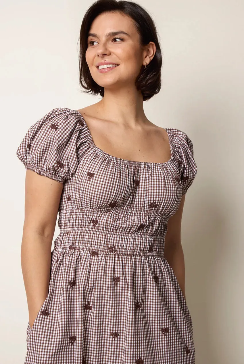 Blue Vanilla Gingham Milkmaid abito midi marrone quadri