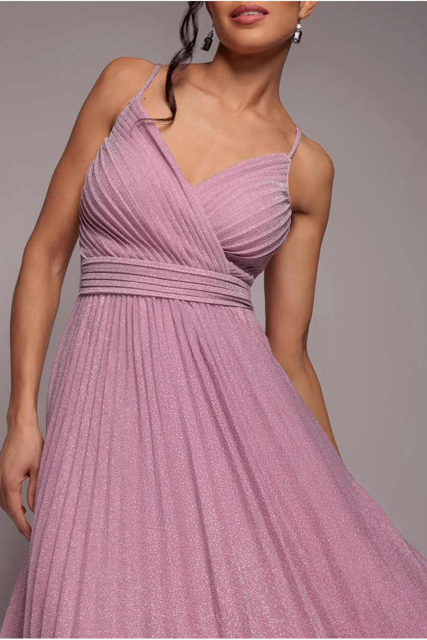 Goddiva Lurex Pleated A-Line abito maxi rosa