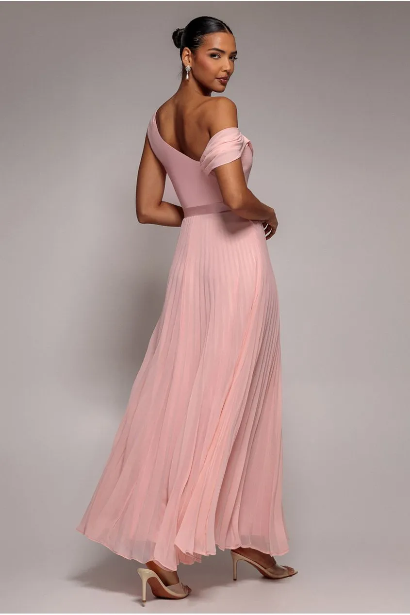 Goddiva Cowl Neck One Shoulder abito lungo rosa cipria chiffon
