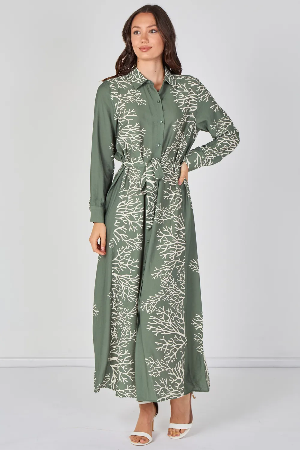 Love Sunshine Coral Print abito camicia maxi verde con cintura
