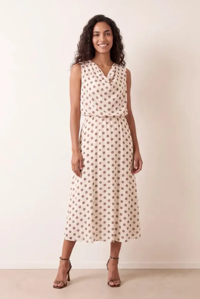 Blue Vanilla Polka Dot abito midi avorio pois scollo cowl