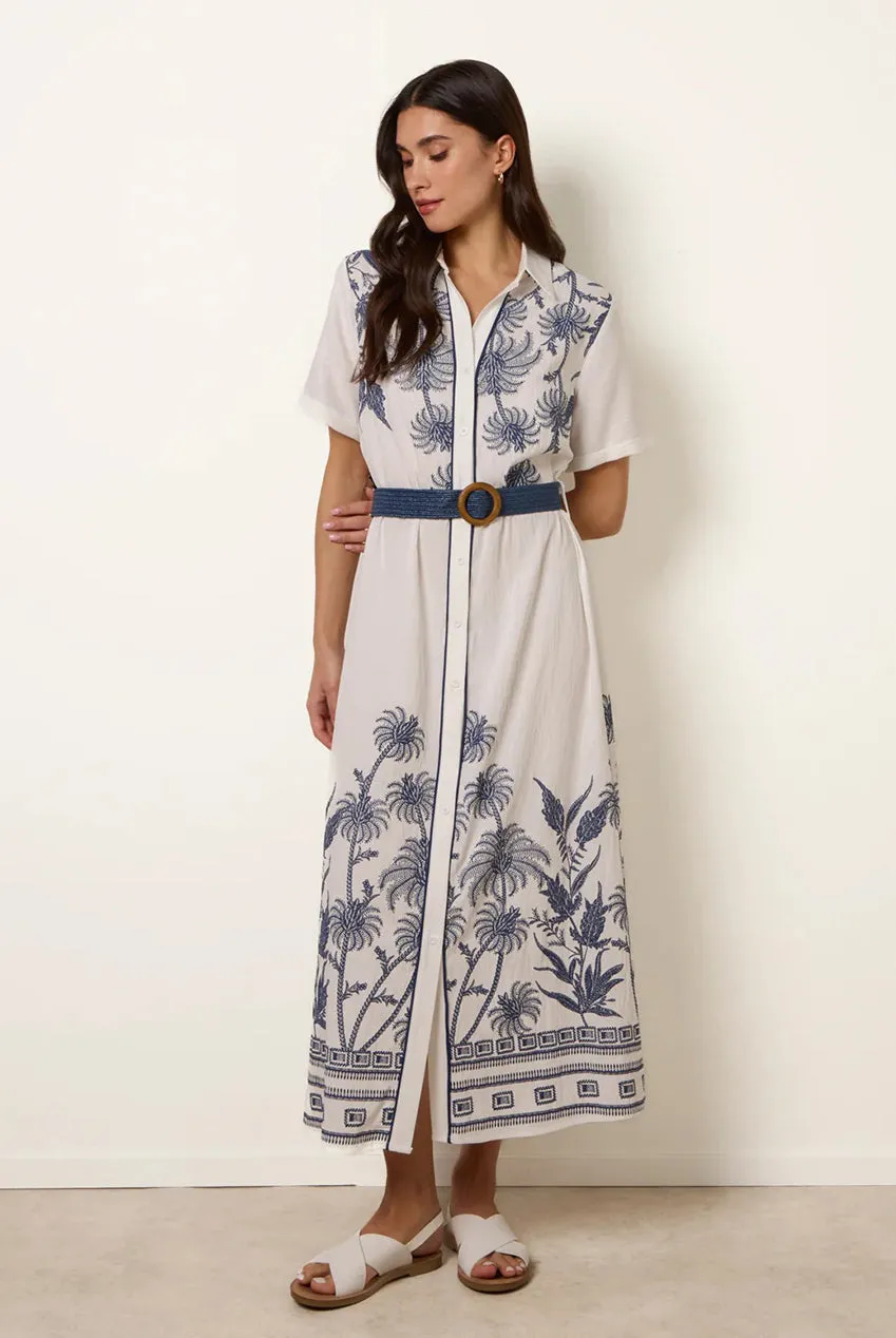Blue Vanilla Tropical Palm abito midi bianco cotone