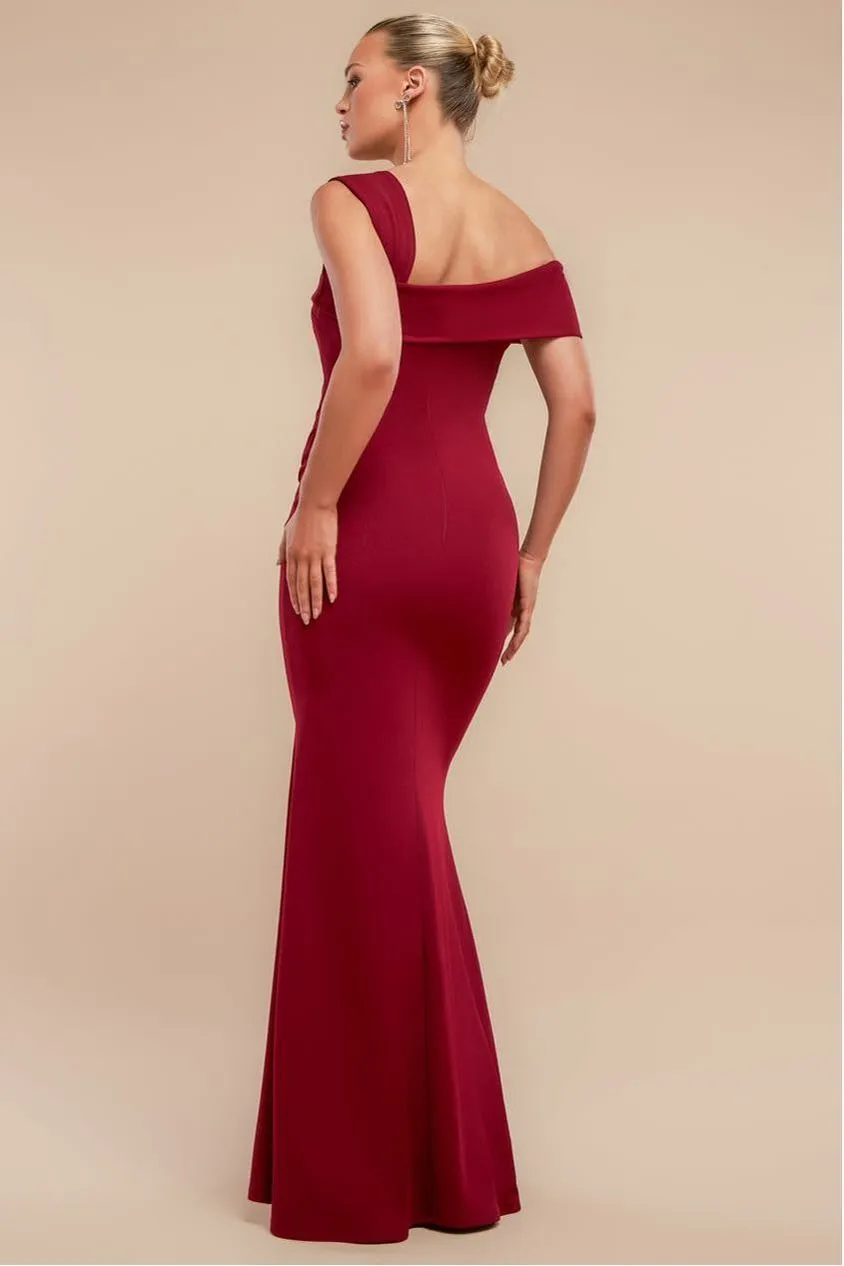 Goddiva Abito Maxi Vino Spalle Scoperte Plissettato