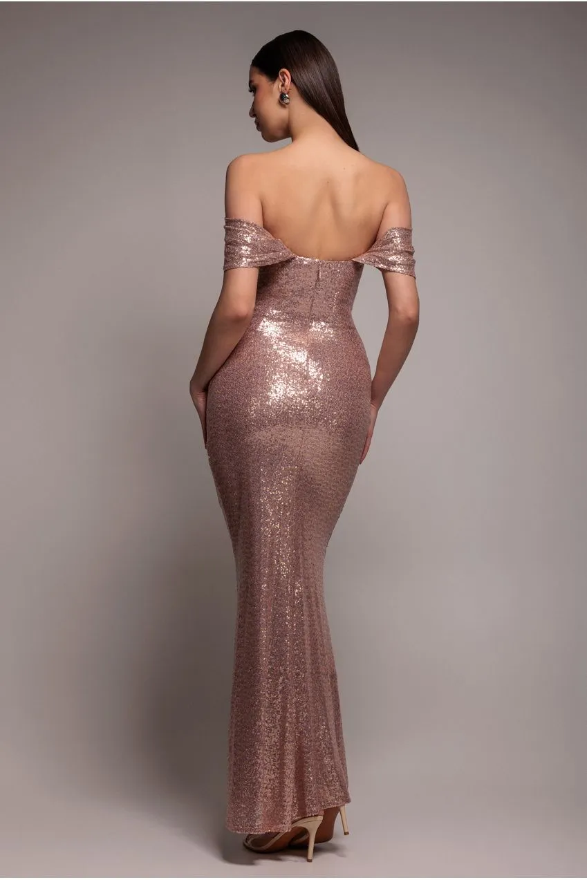 Goddiva DR3616 abito paillettes champagne spalle scoperte