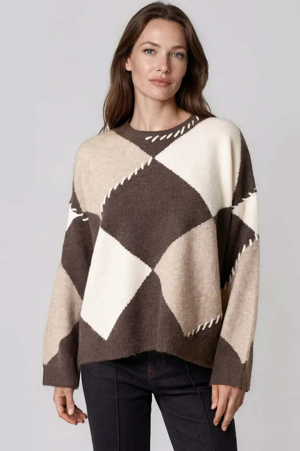 Aftershock London Argyle maglione marrone misto lana rombi
