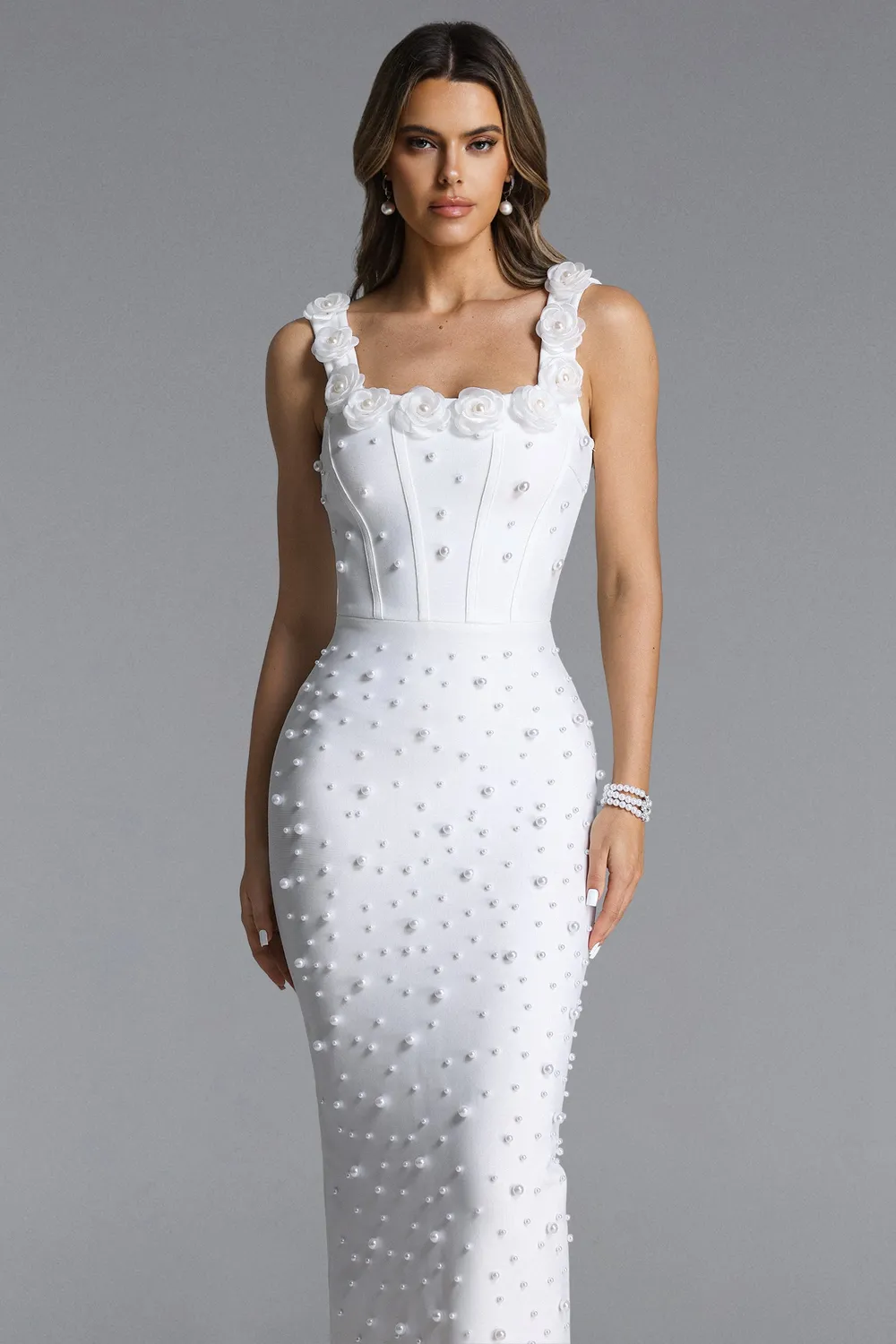 Bella Barnett Shea abito maxi bianco S perle scollo quadro