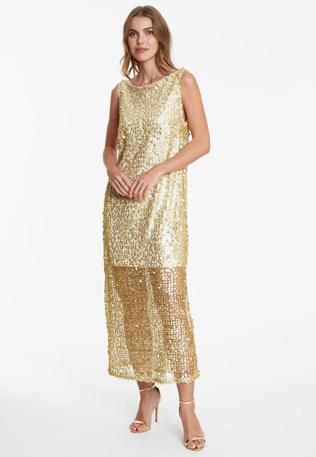 Ana Alcazar Wadani abito maxi rete paillettes oro