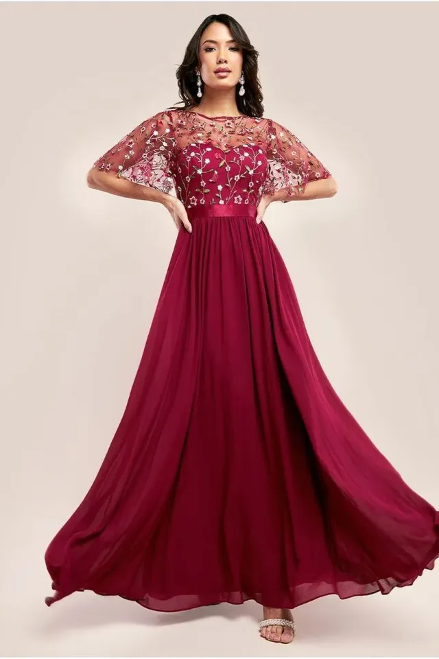 Goddiva Embroidered Top DR3799 abito maxi bordeaux ricamato