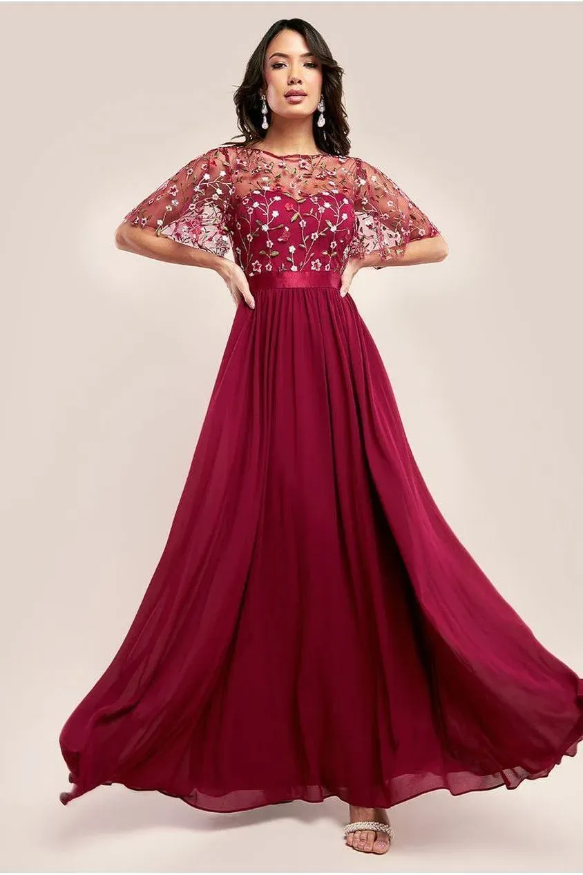 Goddiva Embroidered Top DR3799 abito maxi bordeaux ricamato