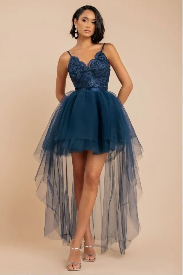 Goddiva High Low Tulle Lace abito navy pizzo