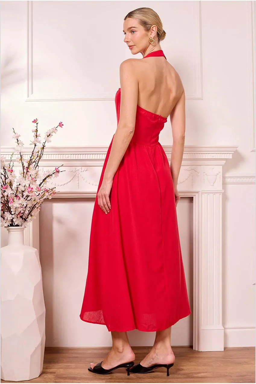 Angeleye halterneck abito midi rosso vita bassa
