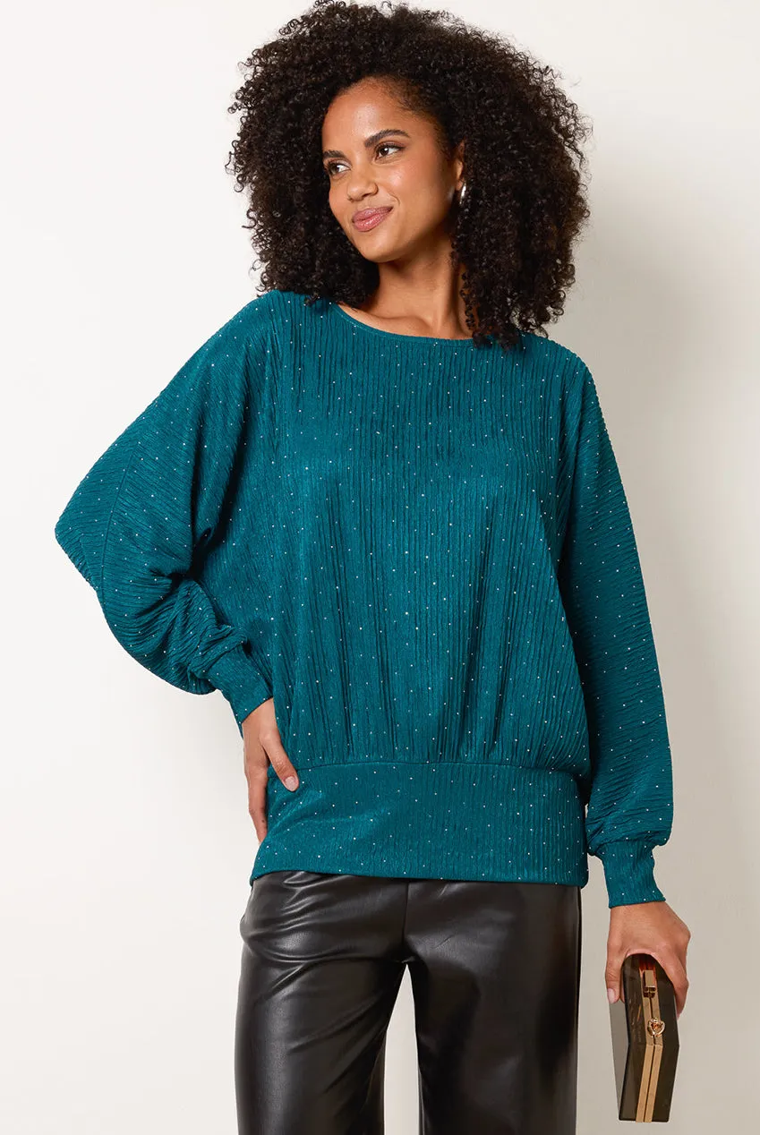 Blue Vanilla Rhinestone Batwing top teal con strass