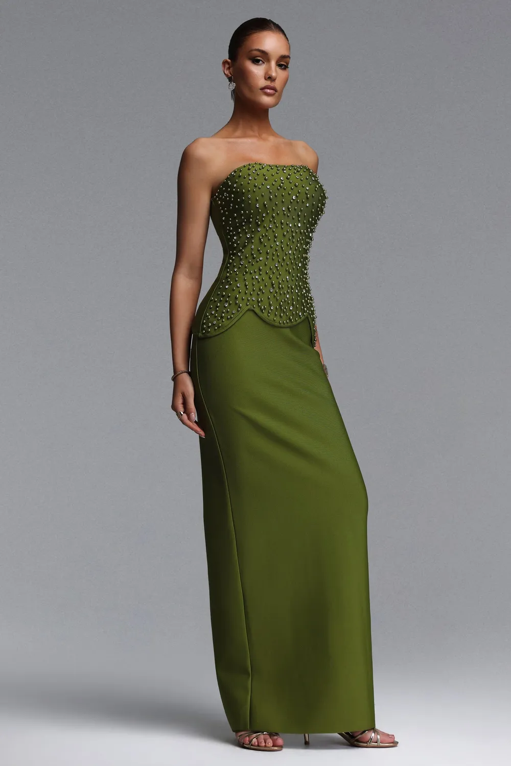 Goddiva Bella Barnett Yette set top gonna verde perline maxi