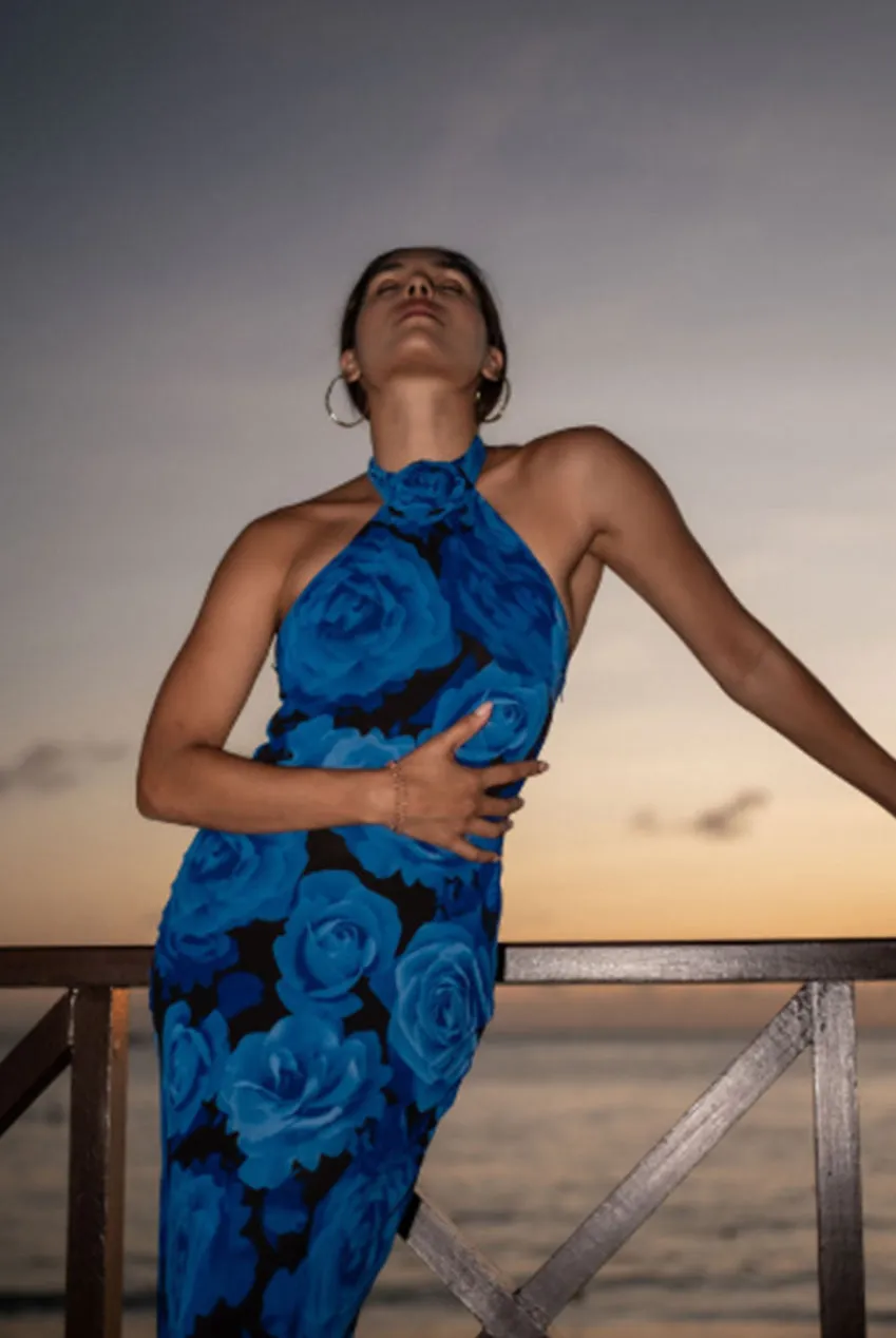 Gini London Abito Maxi Halter Floreale Blu