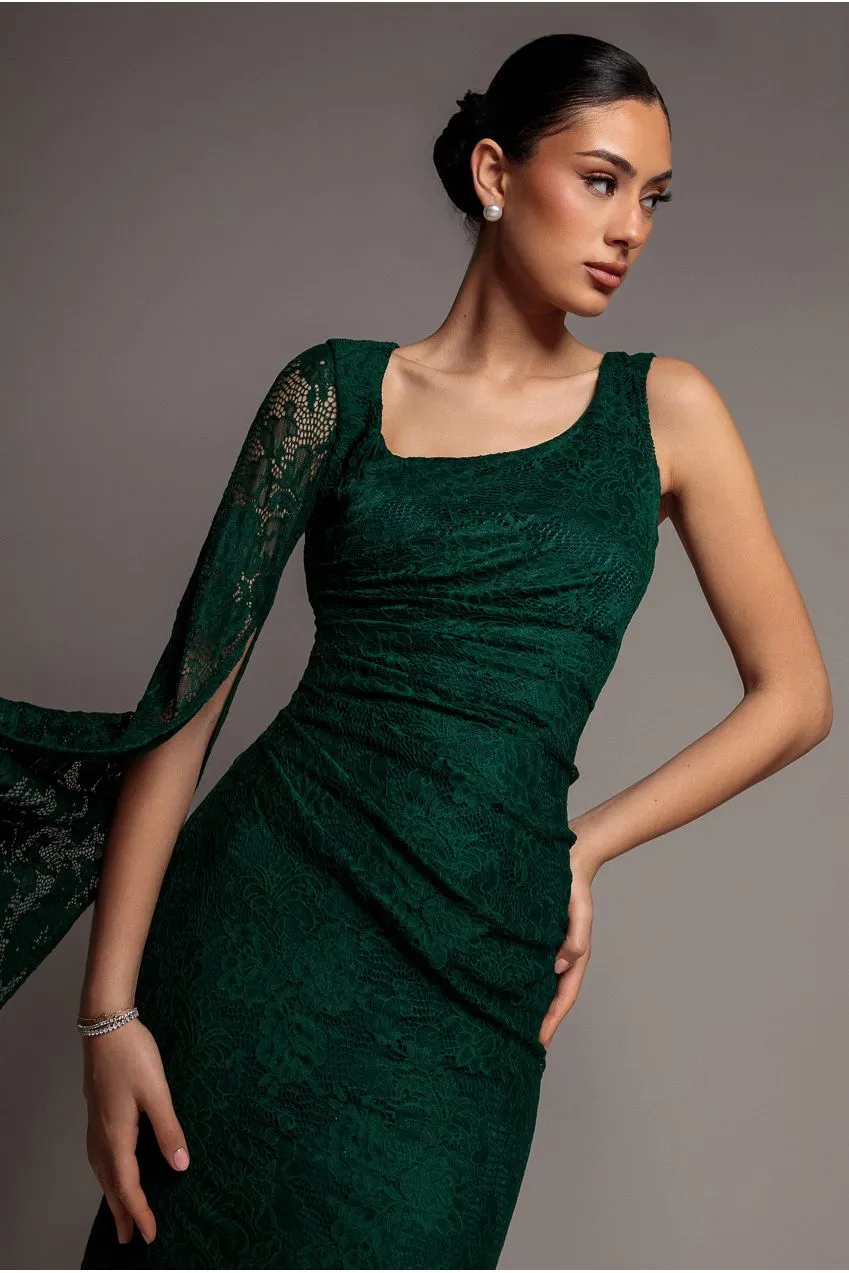 Goddiva One Shoulder Abito Pizzo Verde Smeraldo Mantella