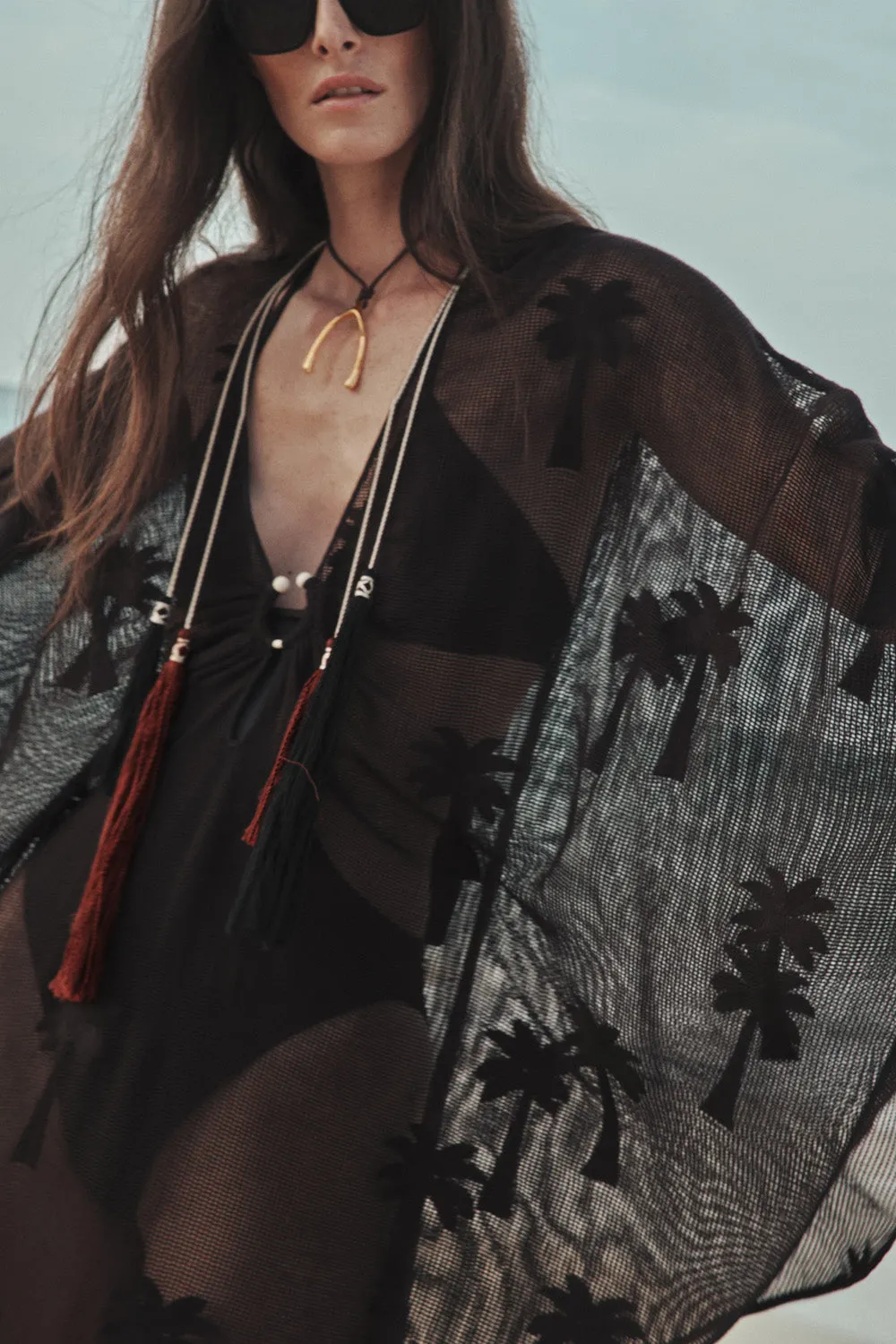 Johanna Ortiz Palm Veil tunica mare nero cotone traforato