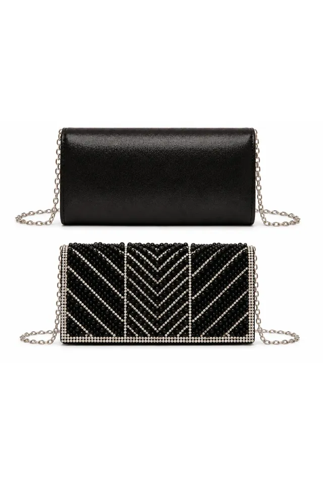 Double Second clutch perle strass pochette nera sera