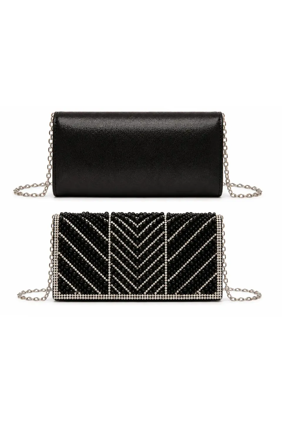 Double Second clutch perle strass pochette nera sera