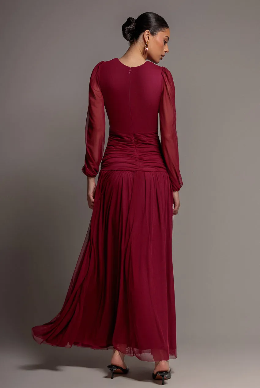 Goddiva Gathered abito maxi mesh magenta palloncino